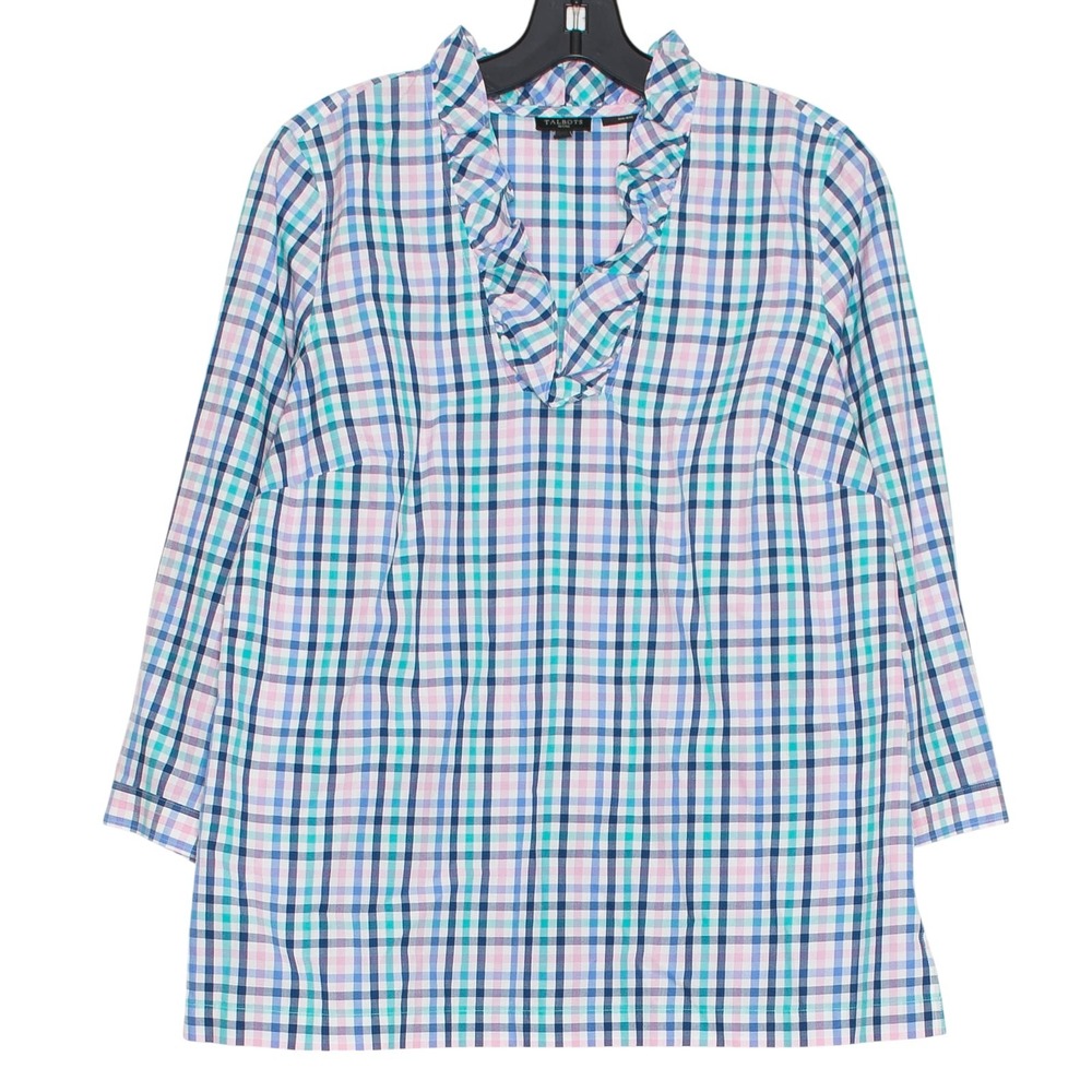 Talbots Top 3/4 Sleeve Preppy Cottage Boho Country Non Iron Plaid Blue Pink 10P